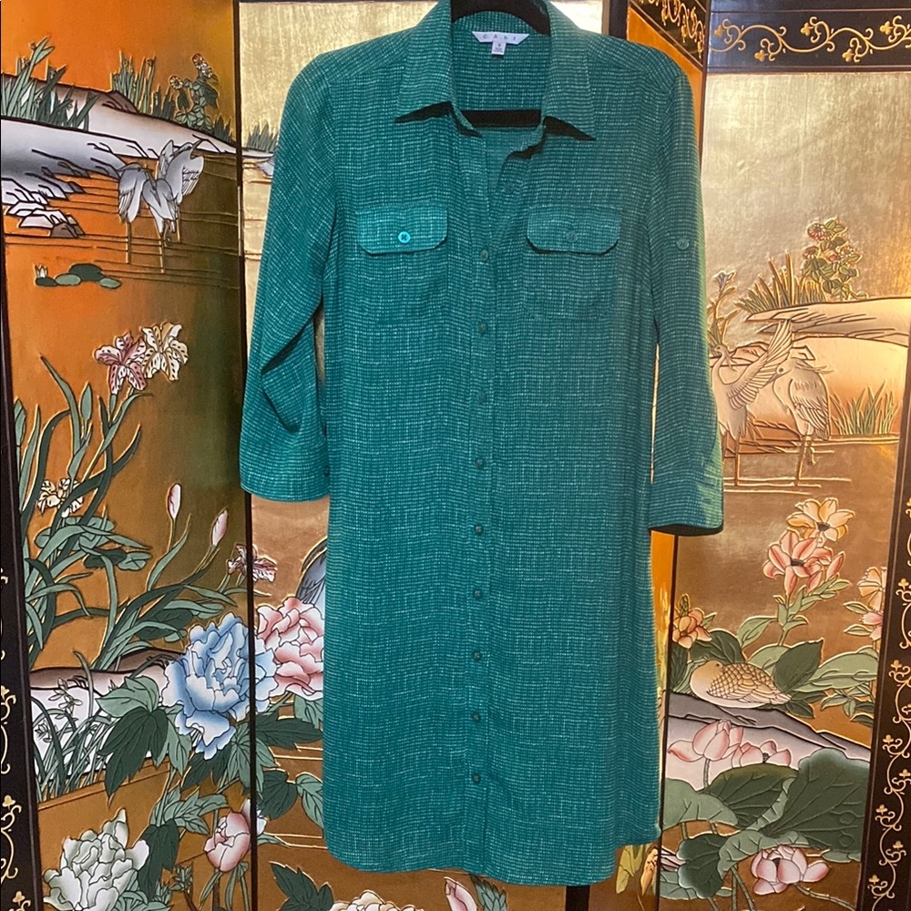CAbi Green Patterned Shirt Dress